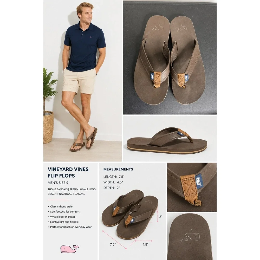 Vineyard Vines Flip Flops Mens 9 Thong Sandals Preppy Whale Logo Beach Casual